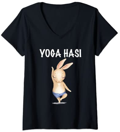 Damen Osterhase Bunte Ostereier Ostern Yoga Hasi T-Shirt mit V-Ausschnitt