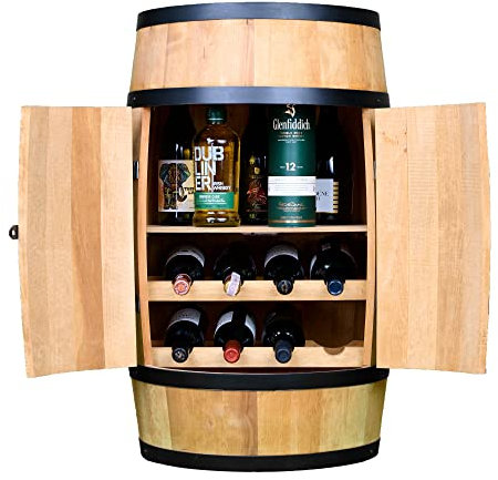 CREATIVE COOPER Weinfass Stehtisch mit Tür, Weinliegen und Regal- Alkoholschrank Flaschenregal - Holzfass - Fassmöbel - Wine Rack - Wineregal Holz - Weinbar - Fass bar mit Tür - Fassbar 80cm Eiche