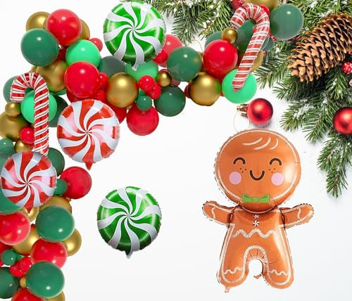 Weihnachten Luftballon Girlande 80Pcs Weihnachtsdeko Ballons Set Rot Grün Gold Weihnachtsballons, Zuckerstangen Süßigkeiten Lebkuchenmann Folienballons für Weihnachten Party Deko Christmas Decorations