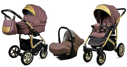BabyLux® Bambimo Kinderwagen Set 3 in 1 - Gold Lux - incl. Babywanne, Buggy Sportsitz, Auto-Babyschale - Autositz - Kinderwagenset - Kombikinderwagen mit Wickeltasche, Regenschutz usw.