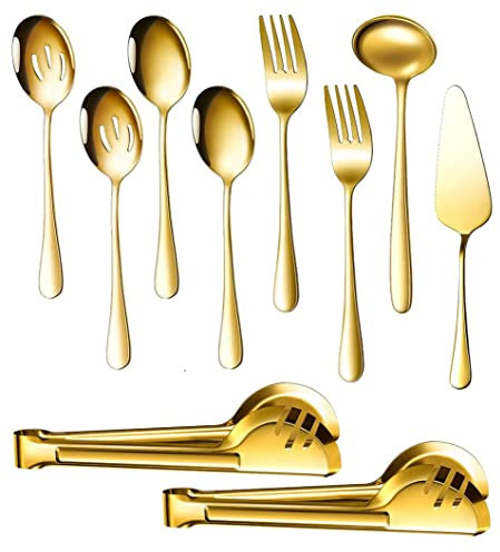 ROLMZJX 10 Piezas de Oro Juego de Cubiertos, juego de utensilios para servir de acero inoxidable con Cucharas Grandes de Servir, Servidor para Tartas, Tenedor para Servir para Fiestas Buffet
