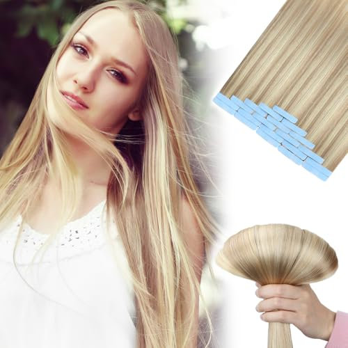 Tape Extensions Echthaar, Unsichtbare Tape-in Extensions Echthaar, 100% Remy Echthaar, Seidig & Volle Spitzen, Aschblond und Bleichblond #P18/613, 20 Stück, 40g, 35cm,Wiederverwendbar,Haarverlängerung