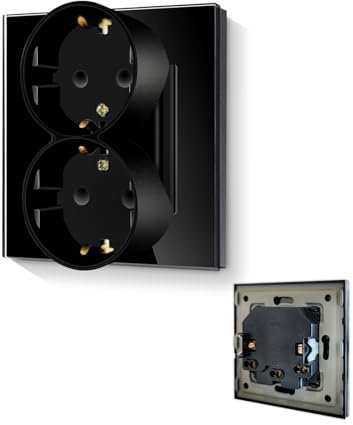 LIAONFOY Schuko Einzelsteckdose mit Doppel Kopf Steckdose mit Kindersicherung Glasrahmen Unterputz Steckklemme Wandsteckdose Schwarz 110-250V 86mm
