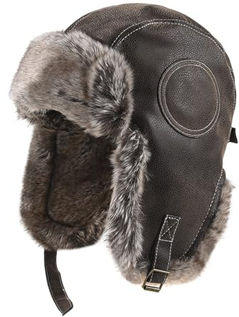 TINAYAUE PU Leder Winter Pilotenmütze für Männer Frauen Kunstfell Russische Uschanka Trapper Hut mit Ohrenklappen Verdickte Warme Mütze Outdoor Winddicht Skifahren Radfahren Hut für kaltes Wetter