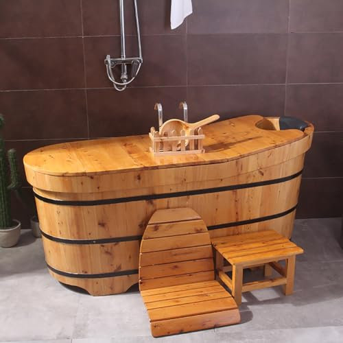 MegLob Free Standing Wooden Bathtub Lit, Japanese Style Solid Wood Soaking Tub with Foldable Wooden Thermal Lid, Mobile Spa Deep Soaking Tub Alone Stand, Classic Oriental Bathtub,160cm/62.99