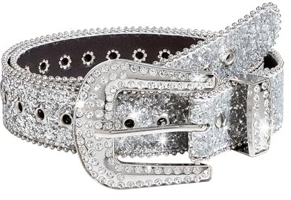 Damen Strass Gürtel für Jeans,Punk PU Ledergürtel,Glitzer Gürtel für Western Cowgirl Cowboy,Y2k Bling Nieten-Ledergürtel,Glänzender Taillengürtel für Hosen, Kleider (Silber/Schwarz) (Silber)