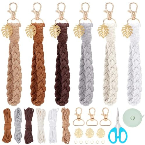 FREEBLOSS 6 Set Makramee Schlüsselanhänger Set, DIY Makramee Sonnenblumen Schlüsselanhänger Set, Makramee Hängeornament, Makramee Hängedekoration, DIY Makramee Set Für Anfänger