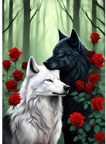 AIRDEA 30x40cm Diamond Painting Erwachsene, Weiße schwarze Wolfsrosen 5D Diamond Painting Bilder Erwachsene, DIY Diamantmalerei Bastel Set Nach Zahlen Heimdekor Geschenk