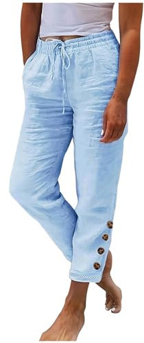 Jogginghose Damen Sommer Modische, Sale Leinenhose Leicht Luftig, Stoffhose Mit Gummizug, Einfarbige Damenhose Aus Baumwolle Und Leinen Mit Lockerem Kordelzug Und Knopf, Lässige Hose Mit Weitem Bein