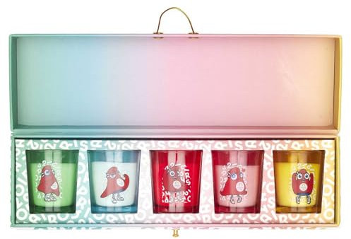 PARIS 2024, CJO6104, Lot de 5 Bougies Mascotte Emotions en Coffret, Produit Officiel sous Licence, Senteurs : Bois de santal, Jasmin, Magnolia, Durée de combustion : 5 h