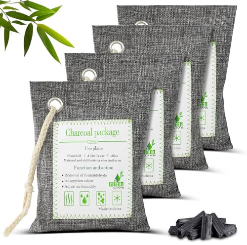 HOTUT Sac Désodorisant en Bambou Naturel, Lot de 4 Purifiants d'air en Charbon de Bambou, Filtre à Charbon Actif, Sac de Purification Pour Armoire, Chaussures, Salle De Bain, Cave, Voiture