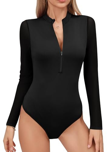 Missufe Damen Langarm Mesh Reißverschluss Body Oberteil T Shirt Top (Schwarz, Medium)