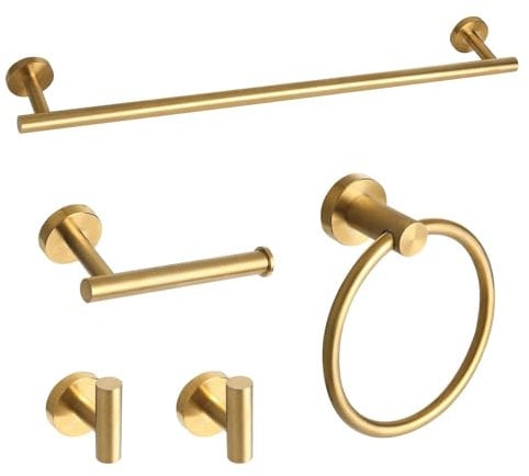 Gold 5 Pieces Bathroom Hardware Set - Heavy Duty Wall Mounted Towel Bar Set 120508