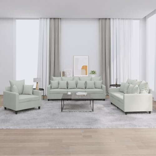 Willood 3-TLG. Sofagarnitur mit Kissen Hellgrau Samt,Sofa geeignet für Wohnzimmer, Sofa Set, mit Armlehnen und Kissen