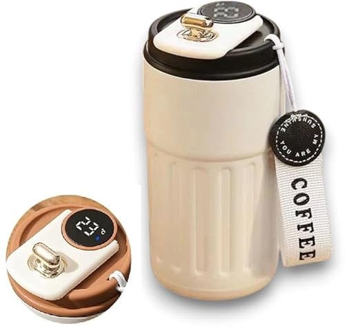 FlyHigh Thermosbecher mit Temperaturanzeige & Trageschlaufe – Isolierbecher für Kaffee & Tee, 450ml, Edelstahl – Warmhaltender Trinkbecher für Unterwegs (Schwarz)