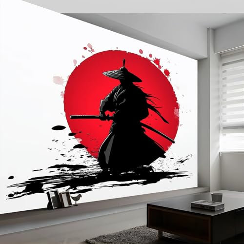 Papier Peint Panoramique, Samouraï Japonais Soleil Rouge Papier Peint Intissé pour Salon, Chambre, Bureau 300x210cm, Moderne Décoration Murale, Style Japonais Grandes Murales Poster