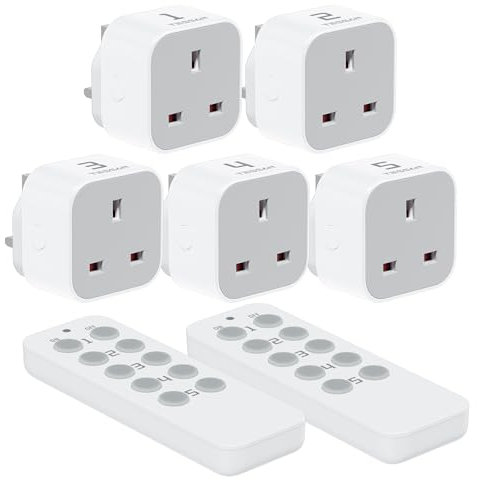 TESSAN Remote Control Plug Socket UK, 30M/100ft Operating Range, Wireless Light Switch for Indoor String Lights, Lamps, 2 Remotes and 5 Sockets
