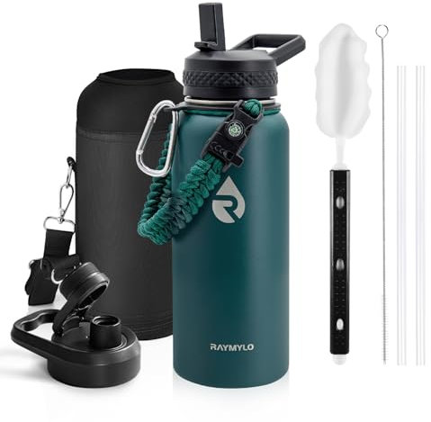 RAYMYLO Insulated Water Bottle 32 oz, Triple Wall Vacuum Stainless Steel (Cold for 48 Hrs), Leak Proof & Non-BPA, Modern Water Flask Jug with Paracord Handle & Straw Spout Lids, Dark Green