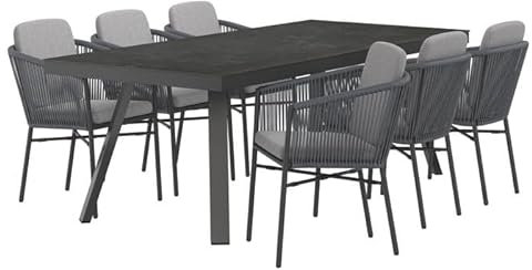 OUTLIV. Gartenmöbel-Set 7-TLG Ohio, Esstisch 220x100 cm, Glasplatte in Keramik-Optik, stapelbare Rope-Stühle mit Kissen, anthrazit/grau