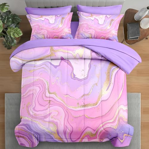 Pamnest Comforter Set King Size, Rose Gold Marble Stripe 7 Pcs Bedding for Kids and Adults, Purple Pink Painting Bed Sheet Sets with Fitted Sheet 2 Pillowcase & 2 Sham for Bedroom Bed Decor