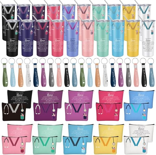 Ziliny 60 Pcs Nurse Appreciation Gift for Women Wine Tumbler, Makeup Bag, Keychain, Nurse Week Gift Set
