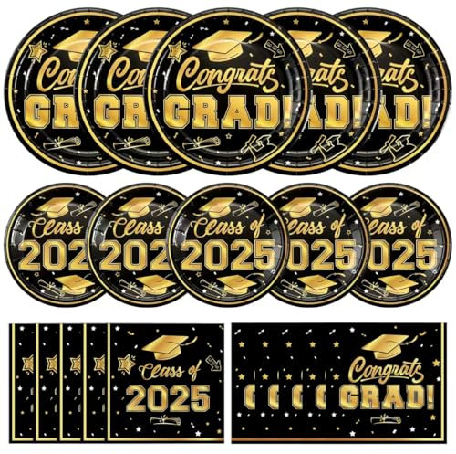 Litmitfu 150 piatti e tovaglioli di carta per laurea 2025, colore oro nero e oro, classe 2025, piatti da dessert, tovaglioli per feste di laurea, decorazioni per la tavola, per 50 persone