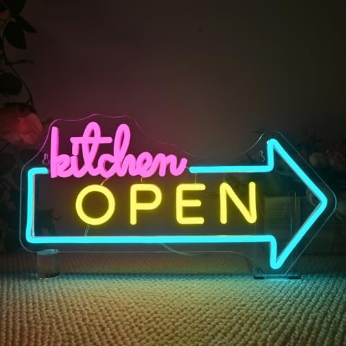 Wanxing Kitchen Open Neon Schild,Led Schild Schriftzug Küche Öffnen Wand,Leuchtreklame Dimmbar 5V2A USB Kabel,Neon Sign Pfeil Ideal für Geschäfte & Wohnen Restaurants Dekoration,Einfache Montage
