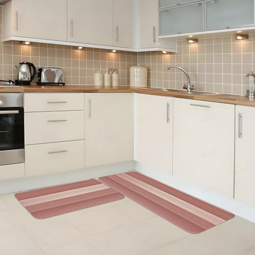 Mexpekil Kitchen Rug Set of 2 Rose Gold Striped Non Slip Kitchen Floor Mat Anti Fatigue Standing Mats Long Carpet Runners for Home Office