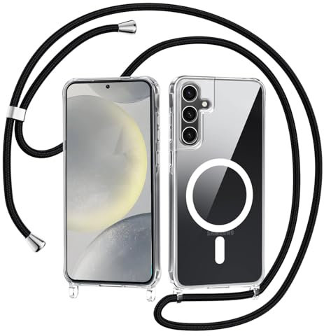 Coque pour Samsung Galaxy S24 5G avec Cordon, Compatible avec MagSafe, Étui Transparent Magnétique Housse avec Collier Réglable Résistant Silicone Antichoc TPU + Dur PC, Chaîne Noir
