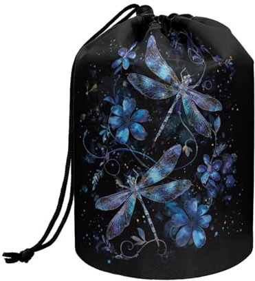 Wnbucioht Travel Stand Up Makeup Bag for Women Cute Drawstring Cosmetic Bag Purple Dragonfly Print Wash Bag Traveling Toiletry Pouch Portable Makeup Organizer Case for Women Girls Gift