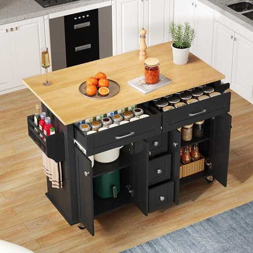 Oslghy Isla De Cocina con Mesa Extensible, Carro De Cocina con Ruedas, Carrito De Cocina con 5 Cajones y 2 Puertas, Isla De Cocina con Encimera, Mueble Auxiliar De Cocina, 120x40-65x89cm (Negro)
