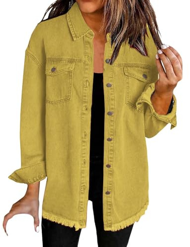 Uwdiohq Veste en Jean Femme, Veste en Jean Denim Unie pour Femme Surdimensionnée Boutonnée, Ourlet Effiloché, Manches Longues avec Poches