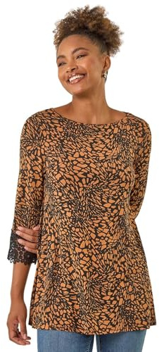 Roman Originals Floral Soft Stretch Jersey Top for Women UK - Ladies Everyday Autumn Winter Round Neckline Comfy Soft Evening Vacation Work Party Night Out - Ochre Noir - Size 18