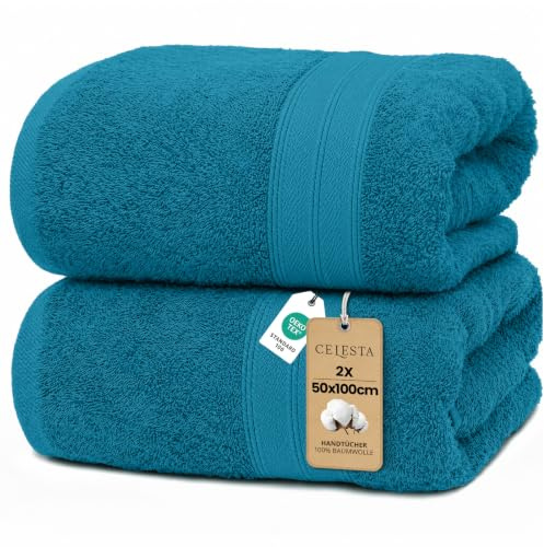 CELESTA Handtücher 50x100 cm, 2er-Set 100% Baumwolle Frottee, Türkis | OEKO‑TEX zertifiziert, weich & saugstark, ideal für Badezimmer, Gäste‑WC, Küche, Spa, Gym & Sport
