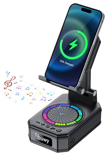 Regalo Uomo Donna, Supporto Telefonico con Altoparlante Bluetooth, 5 in 1 con Ricarica Wireless, 7 Luci RGB, Base Antiscivolo, Telefonico Pieghevole con Cassa Bluetooth, Gadget Tech Ideale per papà