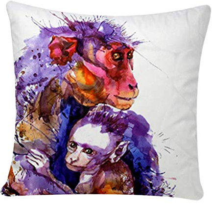 Bullahshah Watercolour Effect Mother/Baby Monkey Love Print Chenille Cotton Square 17 x 17 inch Cushion Cover Pillowcase for Sofa/Bed/Couch, White/Multicoloured