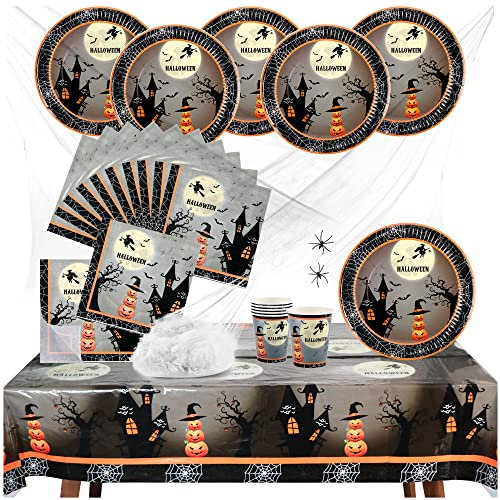 com-four® Juego de Vajilla de 24 Piezas - Tazas, Platos y Servilletas - Vajilla de Fiesta Desechable para Halloween. (Bruja 1 - 26 piezas)