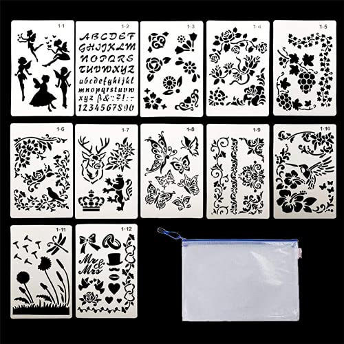 QincLing 12 Stücke Bullet Schablonen Set, Kunststoff Schablonen Planer Zeichnung Schablone Template Malerei Vorlagen Bullet Journal Zubehör für Notebook Tagebuch Sammelalbum Graffiti Bastelprojekte