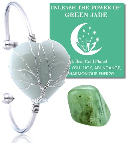 HALUKAKAH Bracciale in Cristallo di Pietra Naturale - LUNA AMORE - Filo Avvolgente Albero della Vita Placcato in Platino Fatto a Mano,Ciondolo in Forma di Cuore in Giada Verde Misura Regolabile
