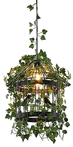 Lampadario a soffitto con Gabbia per Uccelli in Filo Metallico con Finitura Nera Rotonda, Lampada a Sospensione per Isola da Cucina Industriale con Piante di Simulazione Creativa, Illuminazione a SOS