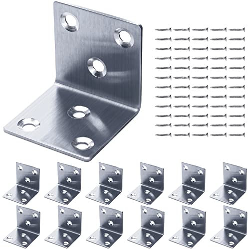 Gorffy Angle Brackets 12 Pcs, L Bracket 50 x 50 x 50 x 1.7mm, Stainless Steel Sleeper Brackets with 72 Screws, Heavy Duty Right Angle Corner Brackets for Wood, Metal Corner Braces for Fixing Timber