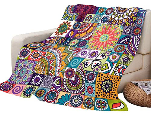 Chickwin Boho Plaid Couverture Polaire, 3D Mandala Totem Couverture en Flanelle Douce Chaudes Légères Couvertures Toutes Saisons Jete de Canape pour Voyager, Lit ou Canapé (130x100cm,Patchwork)