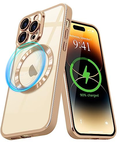Pepmune Magnetic Case for iPhone 14 Pro Compatible with MagSafe Wireless Charging and Camera Lens Protector,Clear Plating Bumper Shockproof TPU Full Protective Transparent,Gold