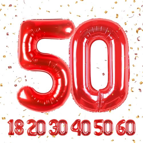 50 Geburtstag Deko zahlen luftballon 50 jahre | Folienballon Rot - für 50. Geburtstagsdeko Männer Frauen Ballon Zahl Deko zum Geburtstag fliegt mit Helium 50.Geburtstagsparty 40-101cm