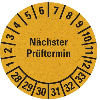 Dreifke® Prüfplakette Nächster Prüftermin 28-33, gelb, Graspapier, Ø 30mm, 500 Stk.