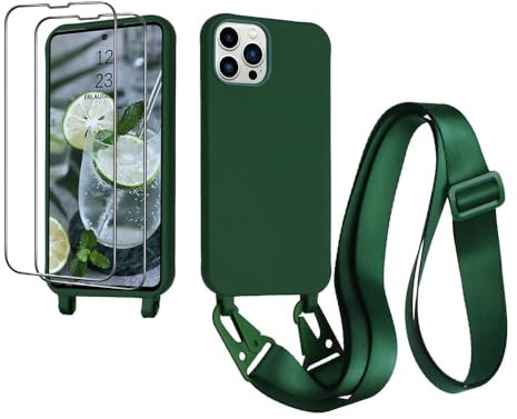 CaseLover Handyband kompatibel mit iPhone 15 Pro Hülle mit Band, Premium Silikon Necklace Handyhülle mit 2 Stück Schutzfolie Verstellbarer Kordel zum Umhängen Stossfest Schutzhülle Case, Dunkelgrün