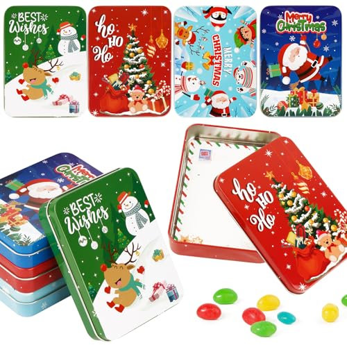 BOFUNX 8 Cajas de Metal de Navidad Cajitas de Regalo Navideño de Papá Noel con Tapas Embalaje para Dulces Galletas Dinero en Efectivo Tarjetas de Felicitación Navidad