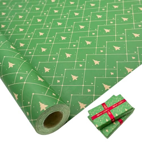 Rouleau de papier cadeau grand format : 76 cm x 15 m, papier kraft recyclable de Noël imprimé avec sapin vert pour décorations de cadeaux de Noël, d'anniversaire, de mariage, de festival