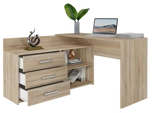 BDW Eckschreibtisch Rechts, 3 Schubladen und 2 Regale, viel Platz zum Entfalten, für Jugendzimmer, Büros und Ateliers, Winkelschreibtisch, Computertisch, Bürotisch 120x76x50 cm (Eiche Sonoma)