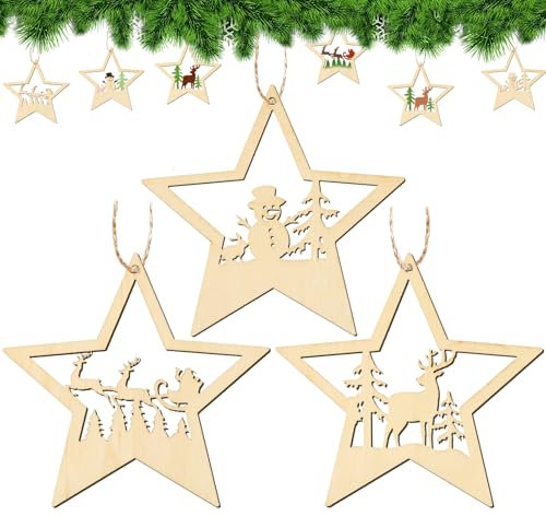 BETESSIN Weihnachtsbaumschmuck Holz - 30 Stück Weihnachtssterne Holzanhänger Weihnachten - Weihnachtsdeko Holz - Holzstern zum Aufhängen- Weihnachtsanhänger für Christbaumschmuck